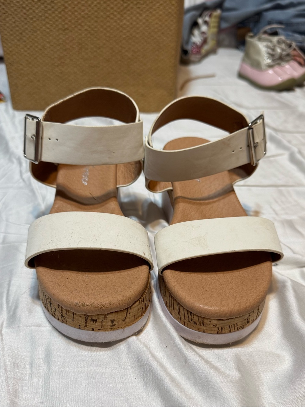Forever 21 White Cork-Platform Ankle Strap Sandals